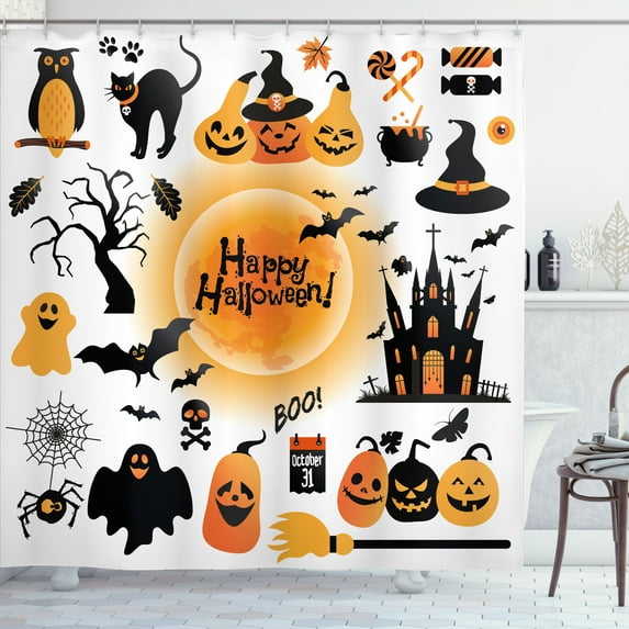 Ambesonne Halloween Shower Curtain, Happy Ghost, 69"Wx70"L, Orange Black