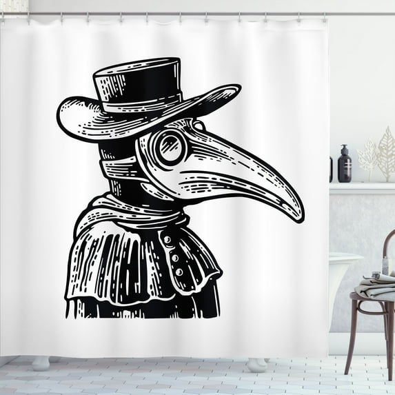 Ambesonne Halloween Shower Curtain, Monochrome Plague Doctor, 69"Wx84"L, Charcoal Grey and White