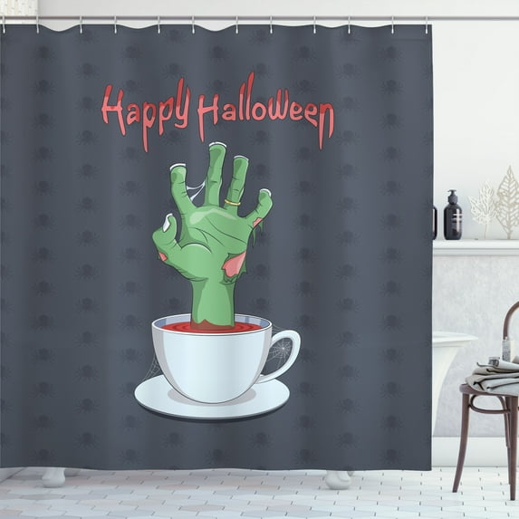Ambesonne Halloween Shower Curtain, Zombie Hand in Bloody Cup, 69"Wx70"L, Grey Pale Rust Green