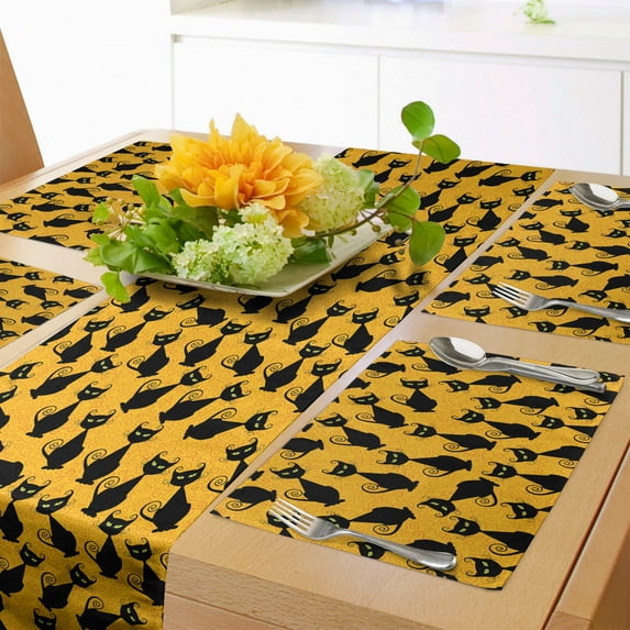 Ambesonne Halloween Table Runner & Placemats, Black Cat Vintage, Placemat 4 pcs + Runner 16"x90", Black Orange