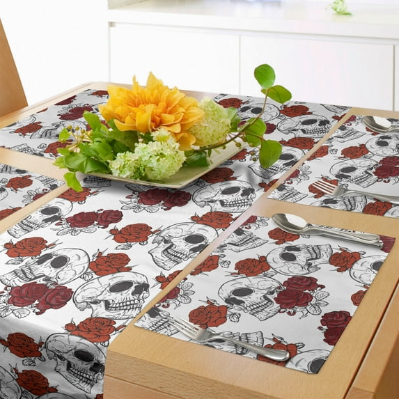Ambesonne Halloween Table Runner & Placemats, Roses Gothic Skull, Placemat 4 pcs + Runner 16"x90", Grey