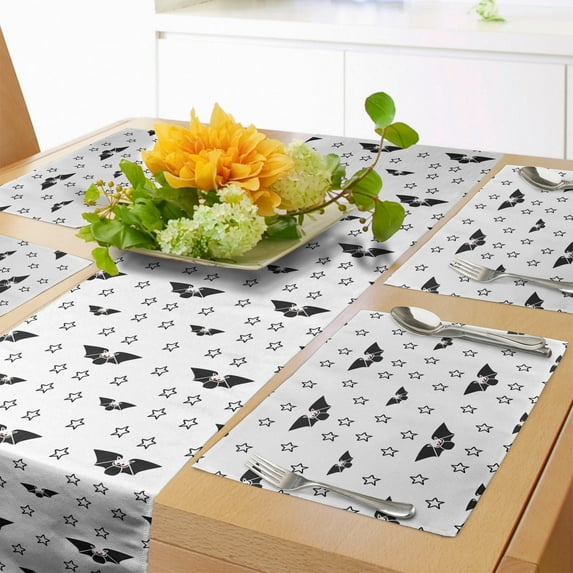 Ambesonne Halloween Table Runner & Placemats, Stars and Winged Bats, Placemat 4 pcs + Runner 12"x72", Charcoal Grey White and Ruby
