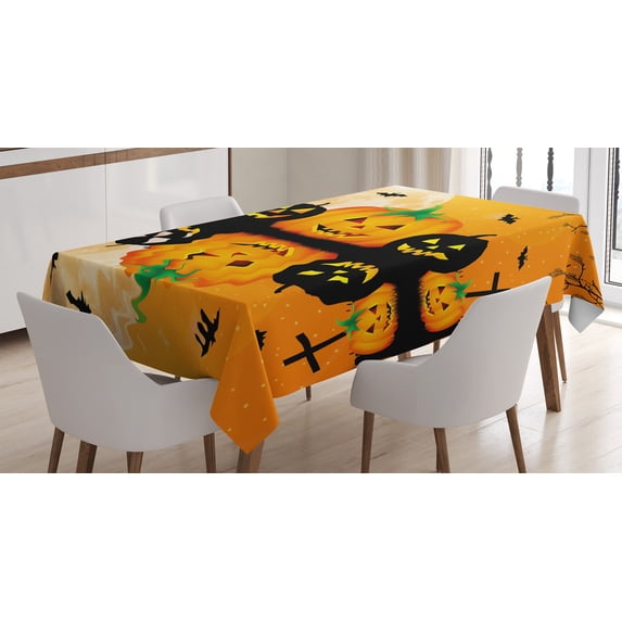 Ambesonne Halloween Tablecloth Rectangular Table Cover, Scary Pumpkin, 52"x70", Orange Black