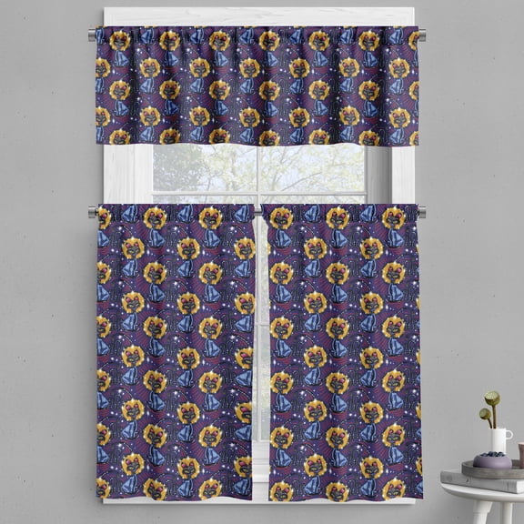 Ambesonne Halloween Valance & Curtain, Horror Zombie Cats Art, 55"x24", Earth Yellow Dark Blue