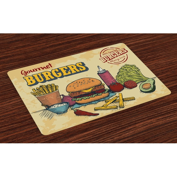 Ambesonne Hamburger Place Mats Set of 4, Burger Ingredients, Standard Size, Multicolor