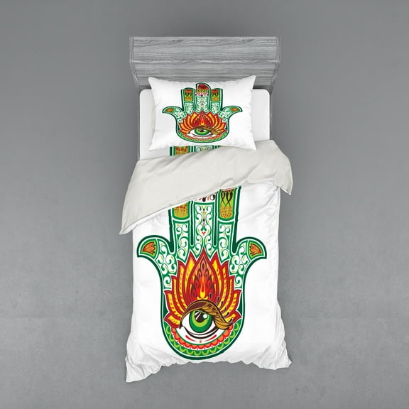 Ambesonne Hamsa Bedding Set 3 Pcs, Oval Shape, Twin XL, Green Red