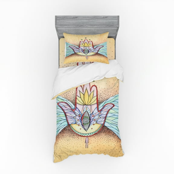 Ambesonne Hamsa Bedding Set 3 Pcs, Wings Eye, Twin XL, Turquoise Apricot