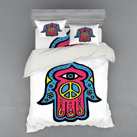 Ambesonne Hamsa Bedding Set 4 Pcs, Hippie Boho Hand, Queen, Pink Blue Yellow