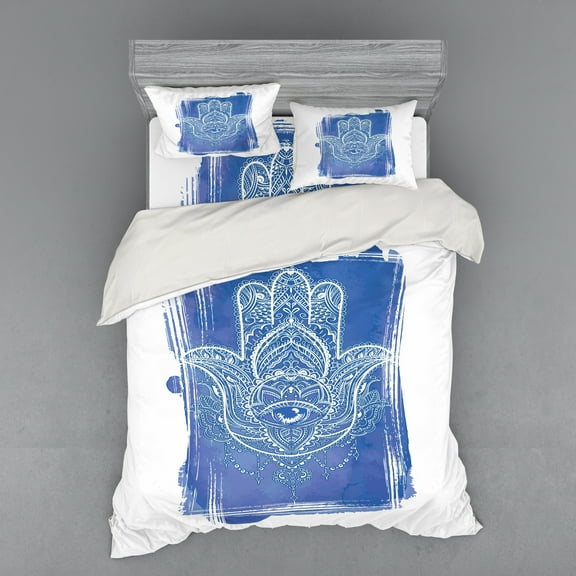 Ambesonne Hamsa Bedding Set 4 Pcs, Ornate, Queen, Blue White
