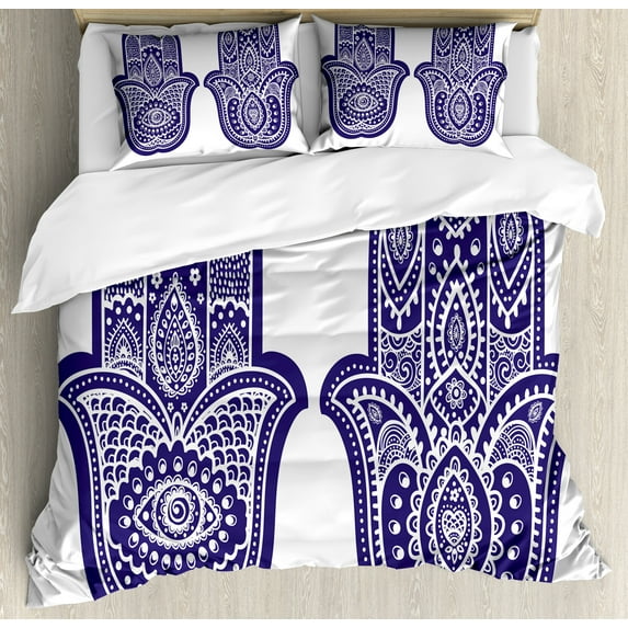 Ambesonne Hamsa Duvet Cover Set, Old Ornaments, 2-Calking, Violet Blue White