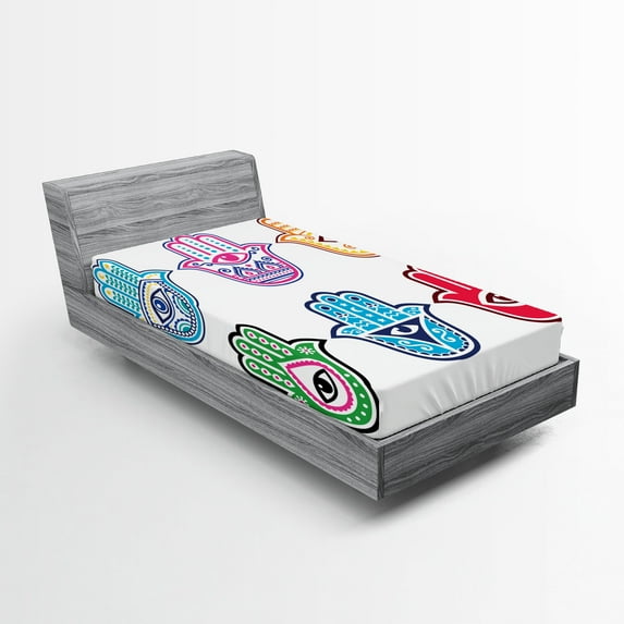 Ambesonne Hamsa Fitted Sheet, Colorful Hand Third Eye, Twin XL Size, Multicolor