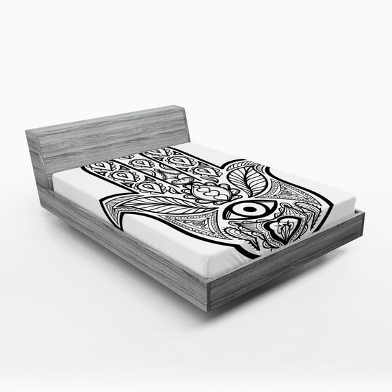Ambesonne Hamsa Fitted Sheet, Evil Eye Oriental Eastern, Full Size, White Black