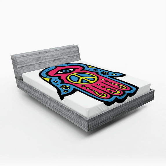 Ambesonne Hamsa Fitted Sheet, Hippie Boho Hand, Queen Size, Pink Blue Yellow