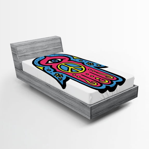 Ambesonne Hamsa Fitted Sheet, Hippie Boho Hand, Twin Size, Pink Blue Yellow