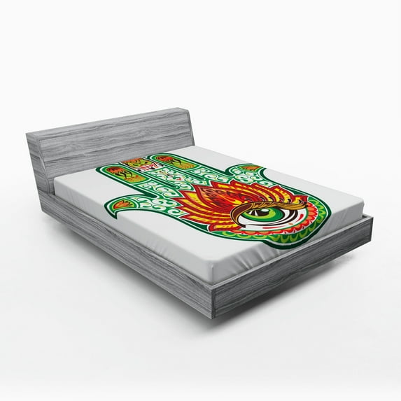 Ambesonne Hamsa Fitted Sheet, Oval Shape, Full Size, Green Red