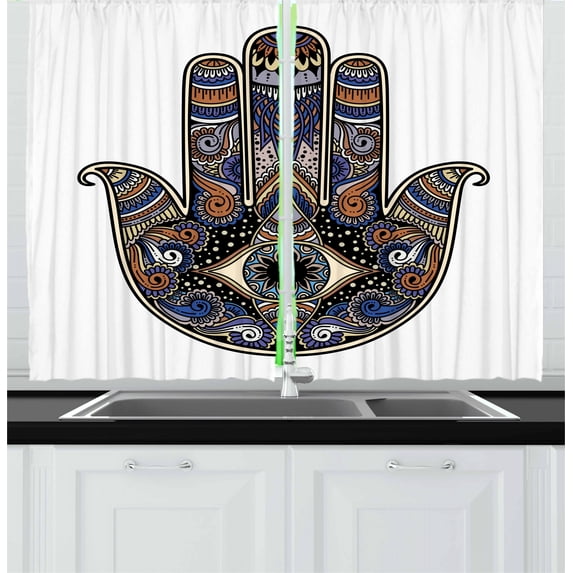 Ambesonne Hamsa Kitchen Curtains, Bohemian Vintage Eye Hand, 55"x45", Royal Blue Caramel Black