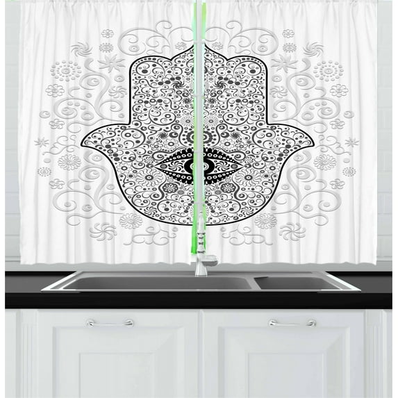 Ambesonne Hamsa Kitchen Curtains, Protection Sign Luck, 55"x39", White Black and Grey