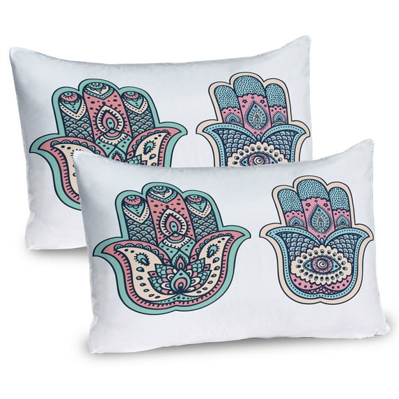 Ambesonne Hamsa Pillow Sham 2 Pack, Boho Evil Eye Lotus, 26"x20", Pink Blue