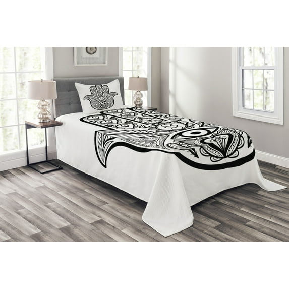 Ambesonne Hamsa Quilted Bedspread Set 2 Pcs, Nature Tribal Boho Art, Twin Size, Black White