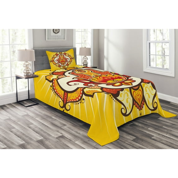 Ambesonne Hamsa Quilted Bedspread Set 2 Pcs, Sun Aura Energy, Twin Size, Yellow Orange Brown