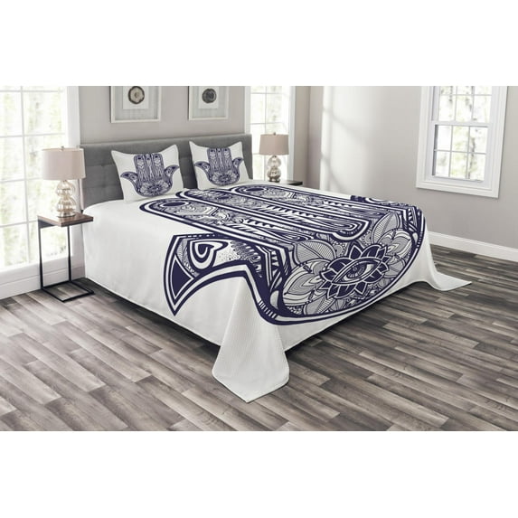 Ambesonne Hamsa Quilted Bedspread Set 3 Pcs, Antique Shape, Queen Size, Navy Blue