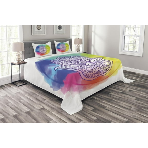 Ambesonne Hamsa Quilted Bedspread Set 3 Pcs, Circle of Dreamy Vivid Colors, King Size, Multicolor