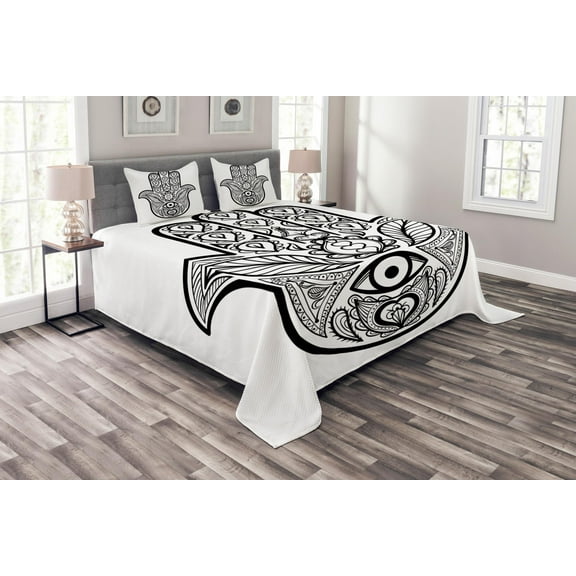 Ambesonne Hamsa Quilted Bedspread Set 3 Pcs, Evil Eye Oriental Eastern, Queen Size, White Black