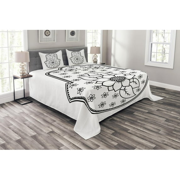Ambesonne Hamsa Quilted Bedspread Set 3 Pcs, Lotus Blossoms Kabbalah Art, Queen Size, White Black