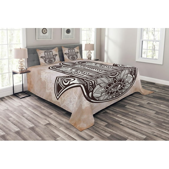 Ambesonne Hamsa Quilted Bedspread Set 3 Pcs, Mystic Mandala Eastern, King Size, Brown and Cream