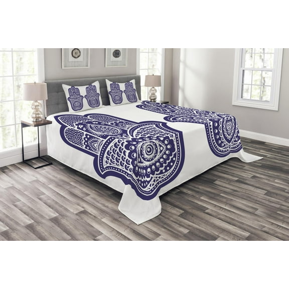 Ambesonne Hamsa Quilted Bedspread Set 3 Pcs, Old Ornaments, King Size, Violet Blue White