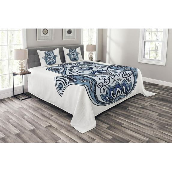 Ambesonne Hamsa Quilted Bedspread Set 3 Pcs, Oriental Hand Illustration, King Size, Pale Blue White
