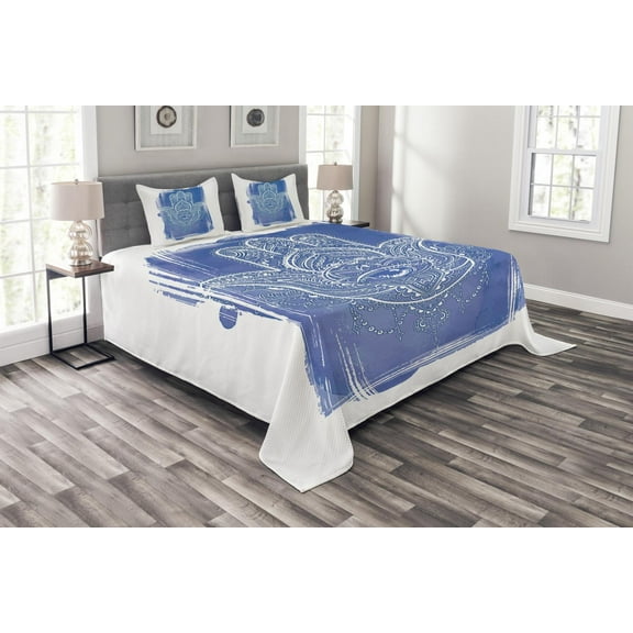 Ambesonne Hamsa Quilted Bedspread Set 3 Pcs, Ornate, Queen Size, Blue White