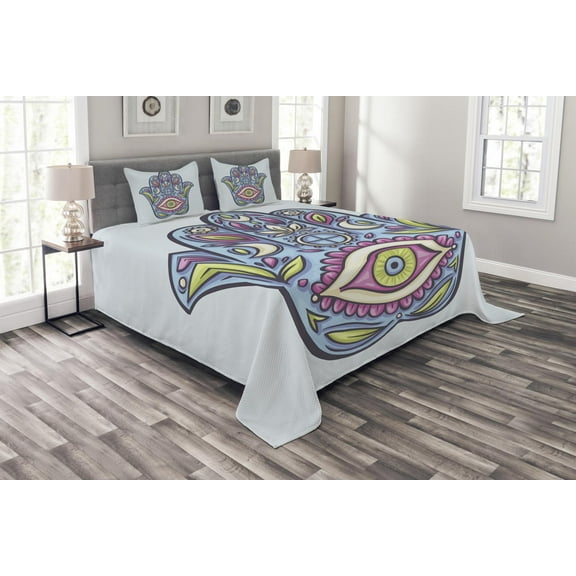 Ambesonne Hamsa Quilted Bedspread Set 3 Pcs, Spring Bloom Style Doodle, King Size, Blue Pink Green