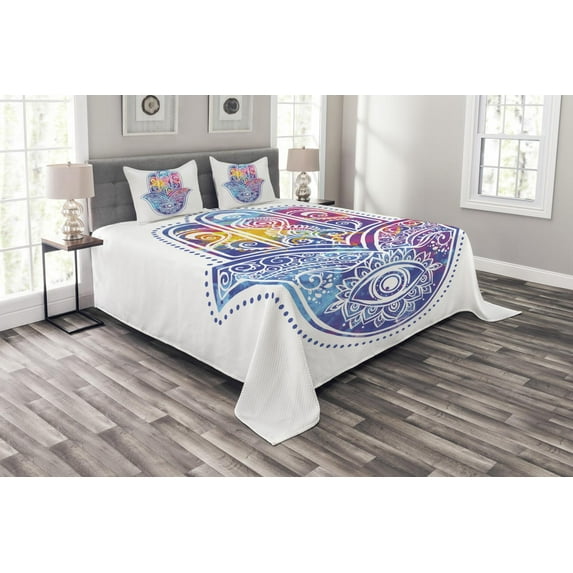 Ambesonne Hamsa Quilted Bedspread Set 3 Pcs, Vibrant Protective Eye, King Size, Aqua Pink Purple