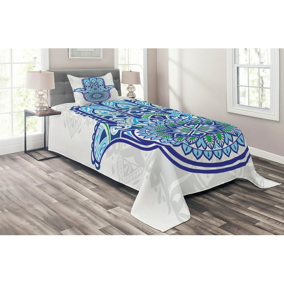 Ambesonne Hamsa Quilted Coverlet 2 Pcs, Eastern Floral Hand Image, Twin Size, Blue Turquoise White
