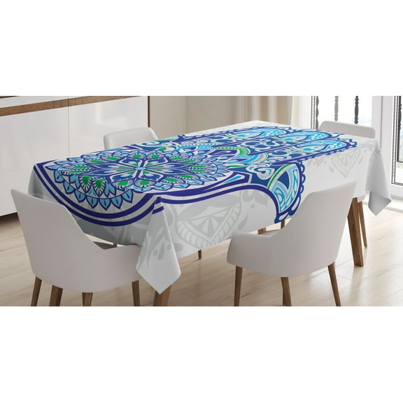 Ambesonne Hamsa Tablecloth Rectangular Table Cover, Eastern Floral Hand Image, 60"x90", Blue Turquoise White