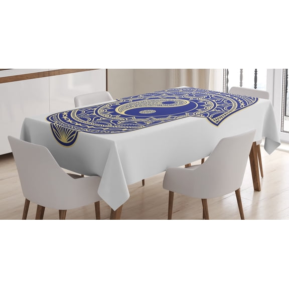 Ambesonne Hamsa Tablecloth Rectangular Table Cover, Japanese Ying Yang, 60"x90", Royal Blue and Cream