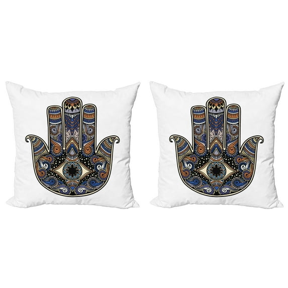 Ambesonne Hamsa Throw Pillow Cover 2 Pack, Bohemian Vintage Eye Hand, 20", Royal Blue Caramel Black