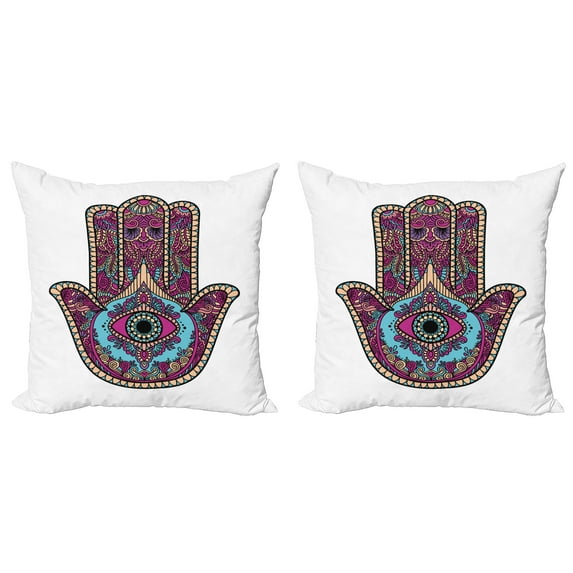 Ambesonne Hamsa Throw Pillow Cover 2 Pack, Doodle Swirls Evil Eye, 16", Magenta Aqua Peach