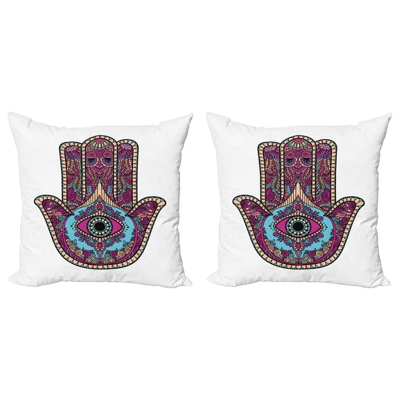 Ambesonne Hamsa Throw Pillow Cover 2 Pack, Doodle Swirls Evil Eye, 24", Magenta Aqua Peach