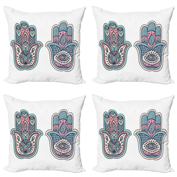 Ambesonne Hamsa Throw Pillow Cover 4 Pack, Boho Evil Eye Lotus, 20", Pink Blue