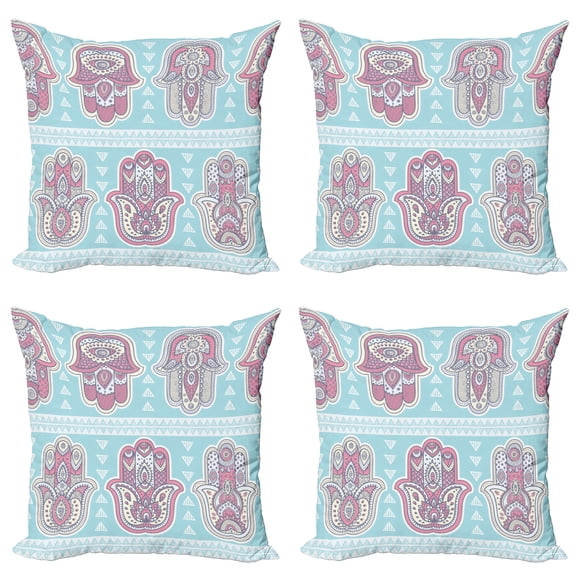 Ambesonne Hamsa Throw Pillow Cover 4 Pack, Boho Ornate Art, 18", Blue Pink