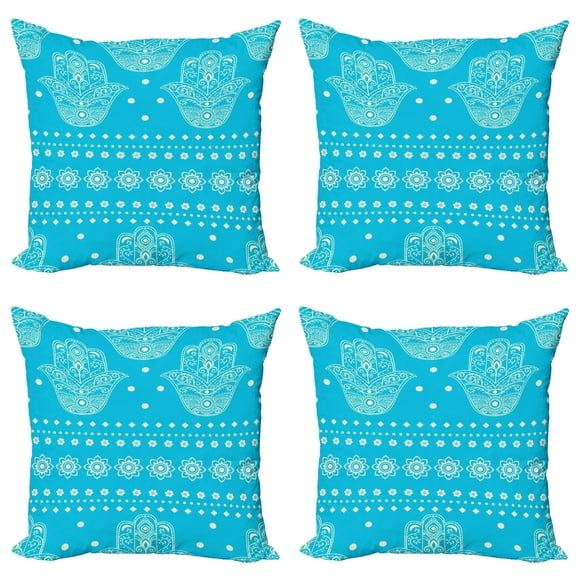 Ambesonne Hamsa Throw Pillow Cover 4 Pack, Eastern Cultural Floral, 16", Blue