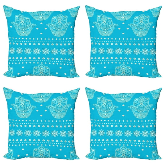 Ambesonne Hamsa Throw Pillow Cover 4 Pack, Eastern Cultural Floral, 20", Blue