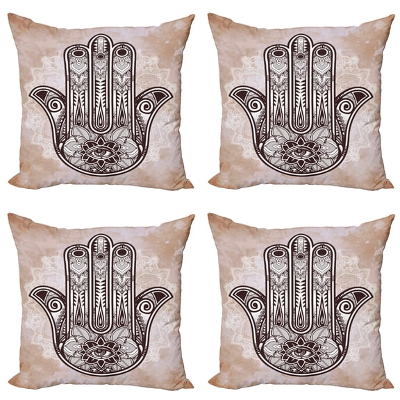 Ambesonne Hamsa Throw Pillow Cover 4 Pack, Esoteric Luck Charm, 20", Dark Brown and Cinnamon