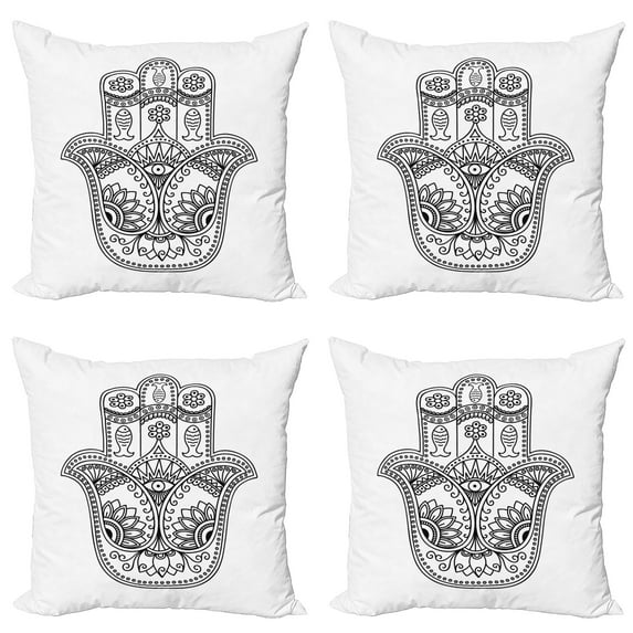 Ambesonne Hamsa Throw Pillow Cover 4 Pack, Fish Flowers Evil Eye, 18", Black White