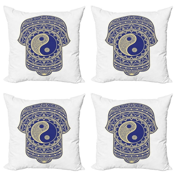 Ambesonne Hamsa Throw Pillow Cover 4 Pack, Japanese Ying Yang, 24", Royal Blue and Cream
