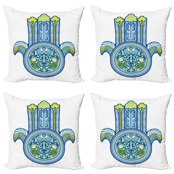 Ambesonne Hamsa Throw Pillow Cover 4 Pack, Mysticism Koi Fish, 16", Blue Green Yellow