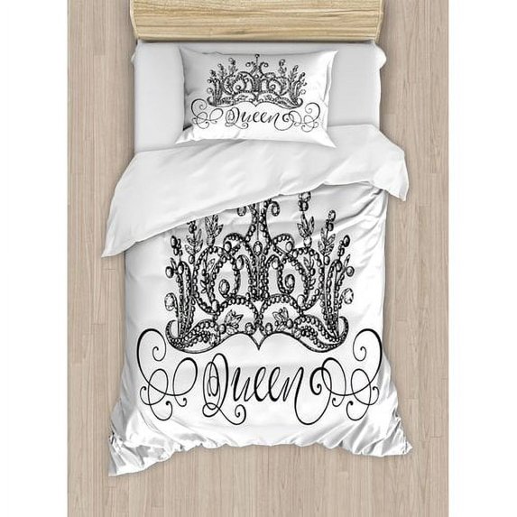 Ambesonne Hand Drawn Crown with Queen Lettering Baroque Style Ancient Elements Calligraphy Duvet Cover Set
