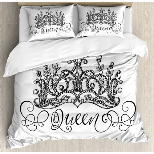 Ambesonne Hand Drawn Crown with Queen Lettering Baroque Style Ancient Elements Calligraphy Duvet Cover Set